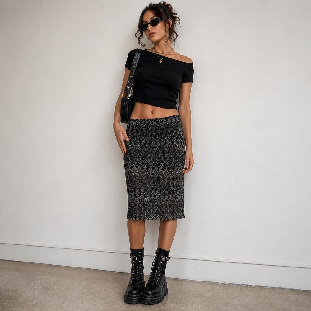 DR2 Metallic Mesh Midi Skirt Womens Size XL Black Silver Nordstrom Knit